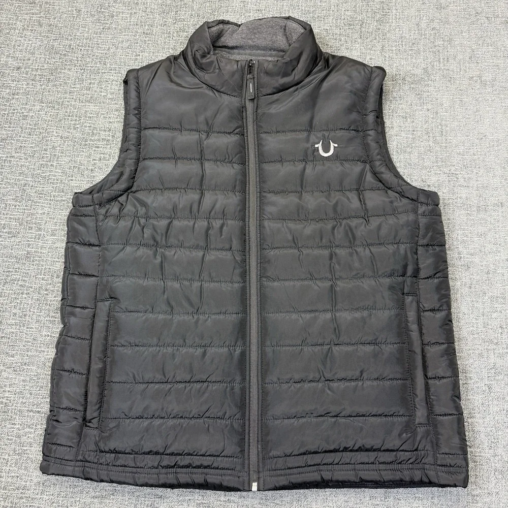 True Religion Puffer Vest Mens Large Black Full Zip Quilted Logo‎
